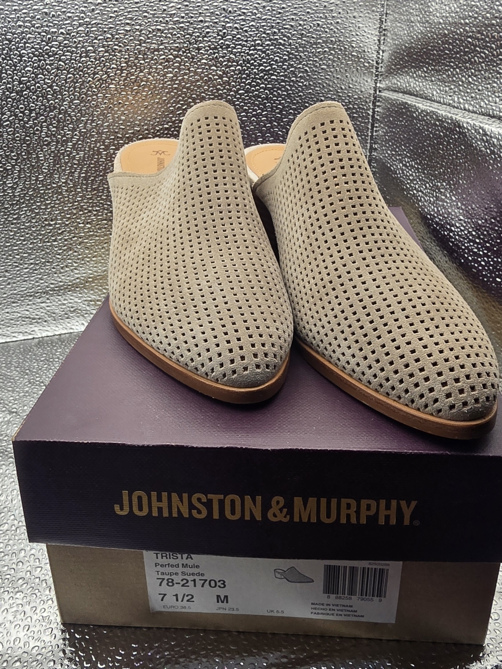 Johnston & Murphy Taupe Perforated Suede Slip-On Mule